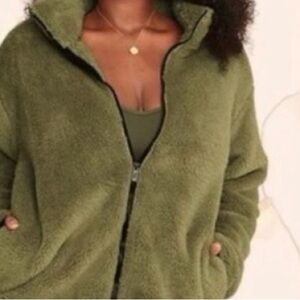 PINK Victoria’s Secret Olive Sherpa Fleece Jacket Cozy Pullover Size M